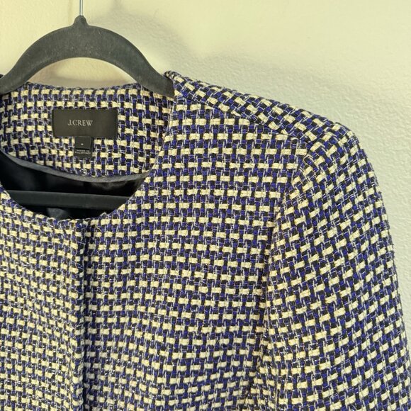 J. Crew Blazer Jacket Silk 8 Tweed Knit Checker Blue Black White Holiday Party - Picture 2 of 9